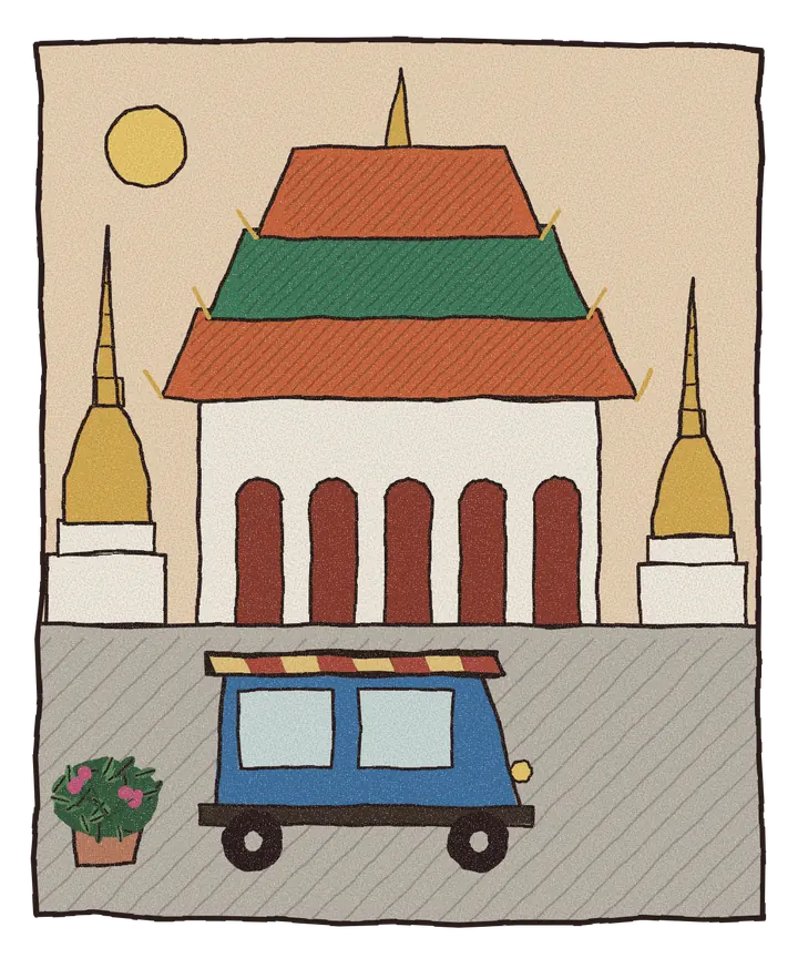 Håndtegnet illustrasjon av en tuk-tuk foran et thailandsk tempel med gylne tak