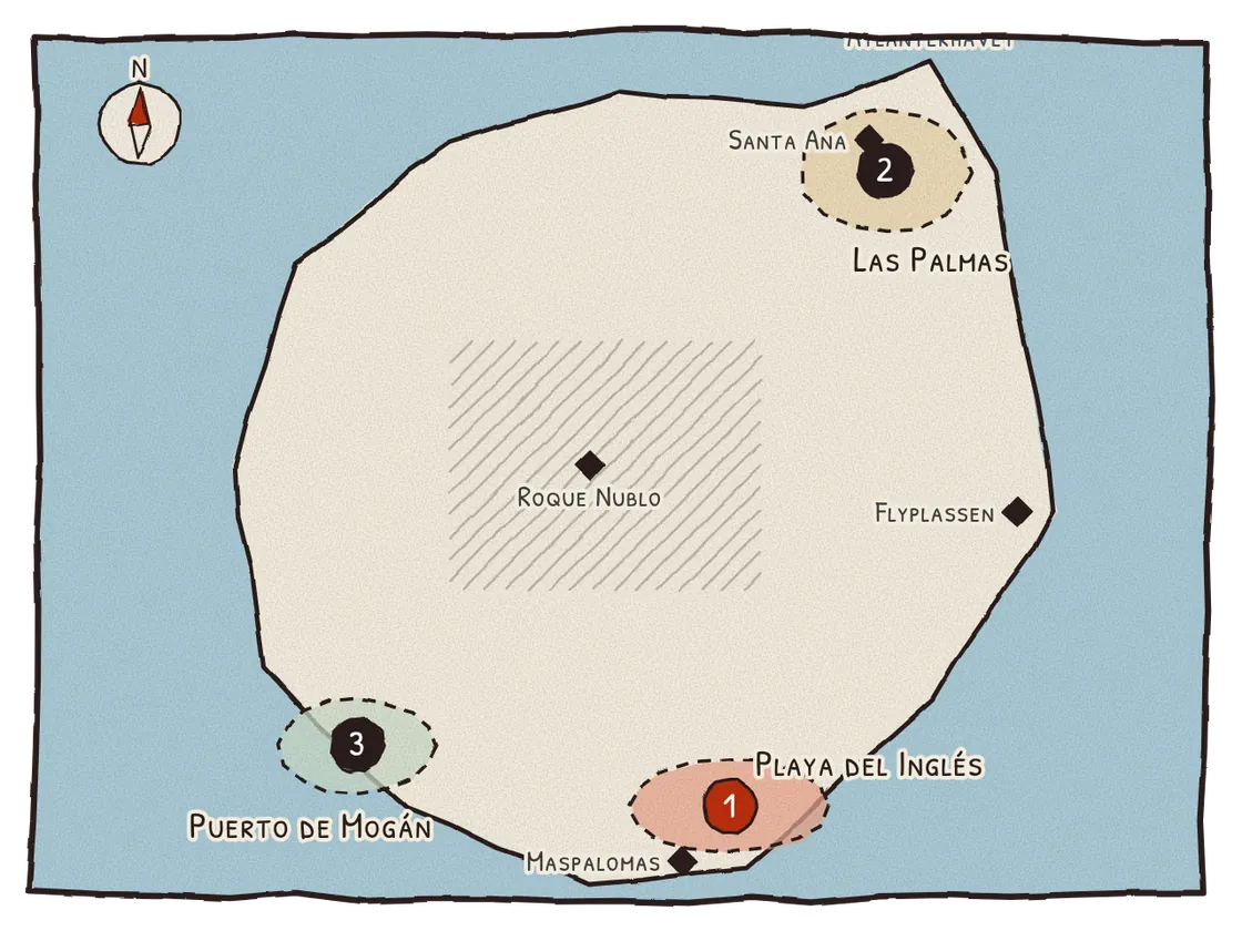 Illustrert kart over Gran Canaria med bydelene Playa del Inglés, Las Palmas og Puerto de Mogán og kjente steder