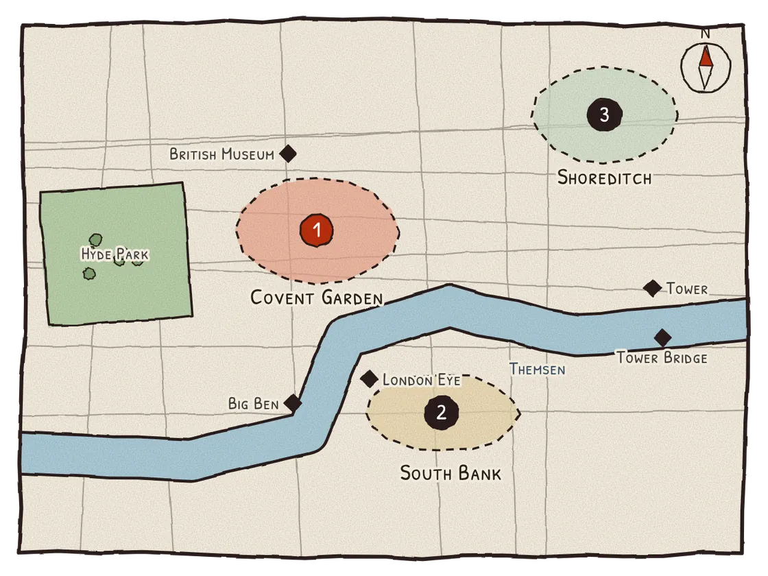 Illustrert kart over London med bydelene Covent Garden og West End, South Bank og Shoreditch og kjente steder