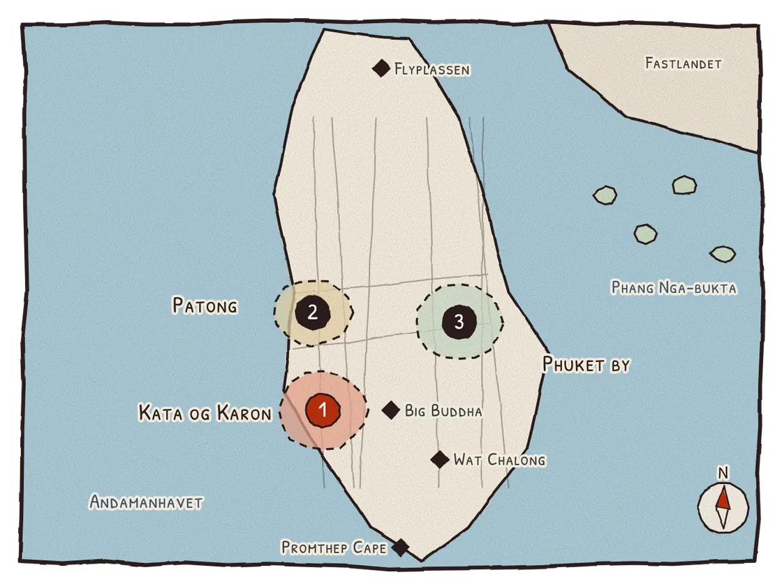 Illustrert kart over Phuket med områdene Kata og Karon, Patong og Phuket by og kjente steder